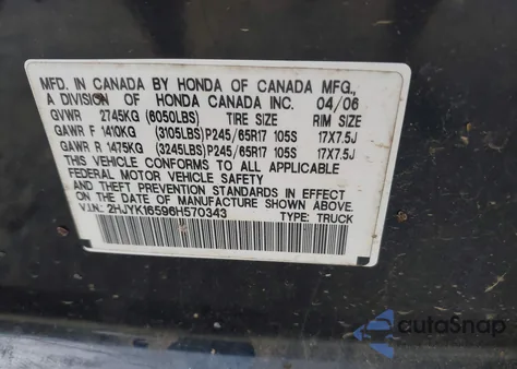2006 Honda Ridgeline Rtl from USA, damaged, VIN 2HJYK16596H570343